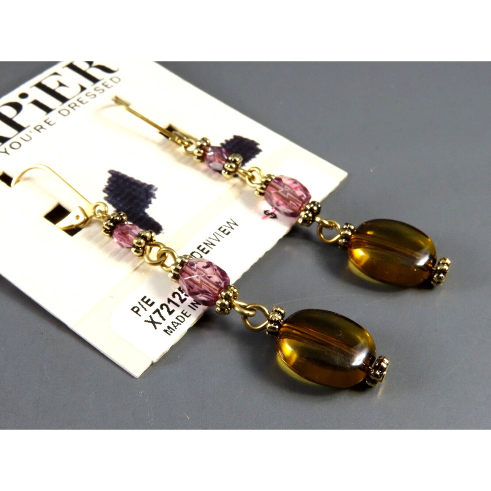 NWT VTG Napier Dangle Earrings GARDENVIEW Gold Tone AMBER & PURPLE CRYSTAL BEADS